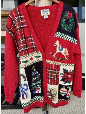 Heirloom Collectibles Women’s M Cable Knit Snowman Button Cardigan Sweater Red